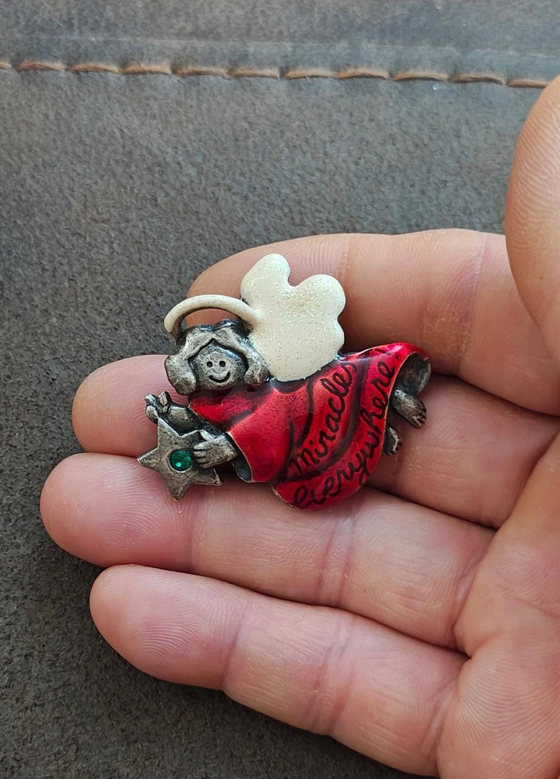 1980's Glittery Enamel Angel with Rhinestone Brooch