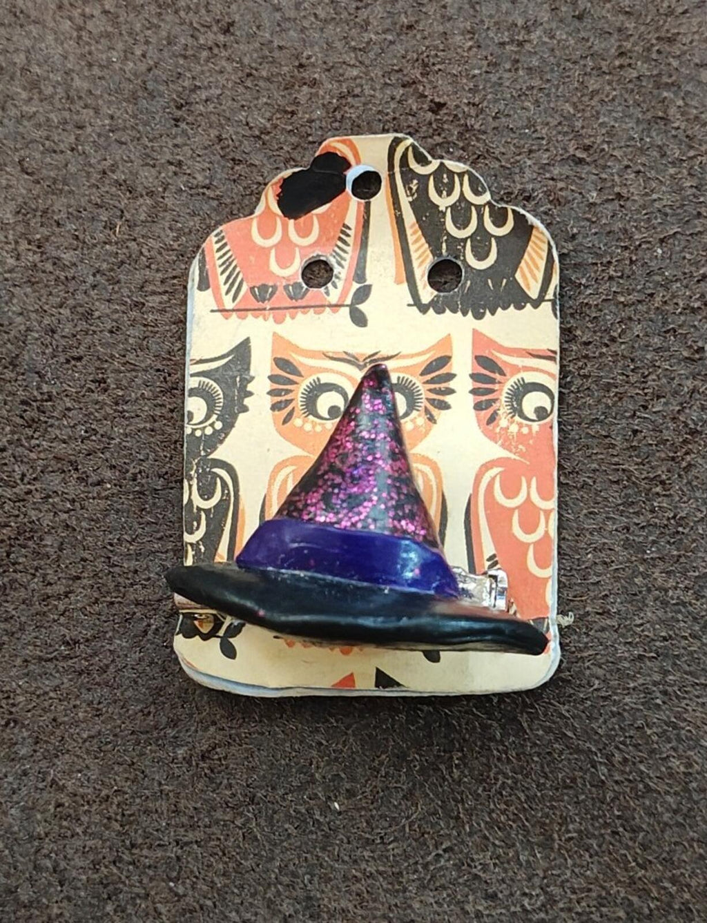 Handmade clay witch hat brooch with purple glitter cone and black brim