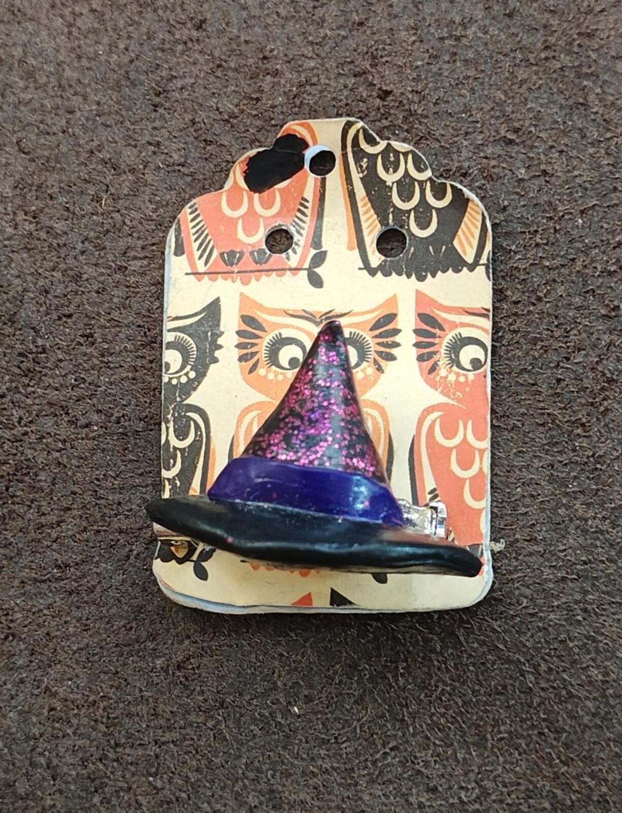Handcrafted Clay Witch Hat With Glitter Accents Brooch