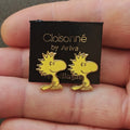 1970s Peanuts Woodstock Gold Tone Cloisonné Enamel Stud Earrings New
