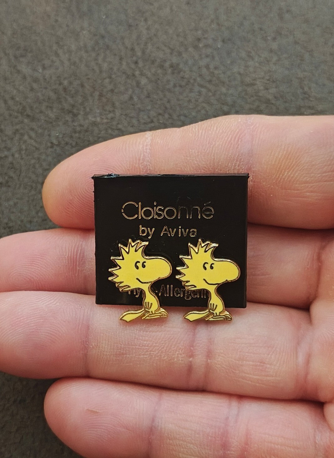 1970s Peanuts Woodstock Gold Tone Cloisonné Enamel Stud Earrings New