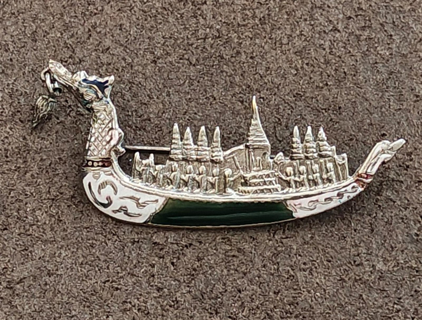 1950's Siam Thai Royal Dragon Sterling Silver Black and White Enamel Brooch