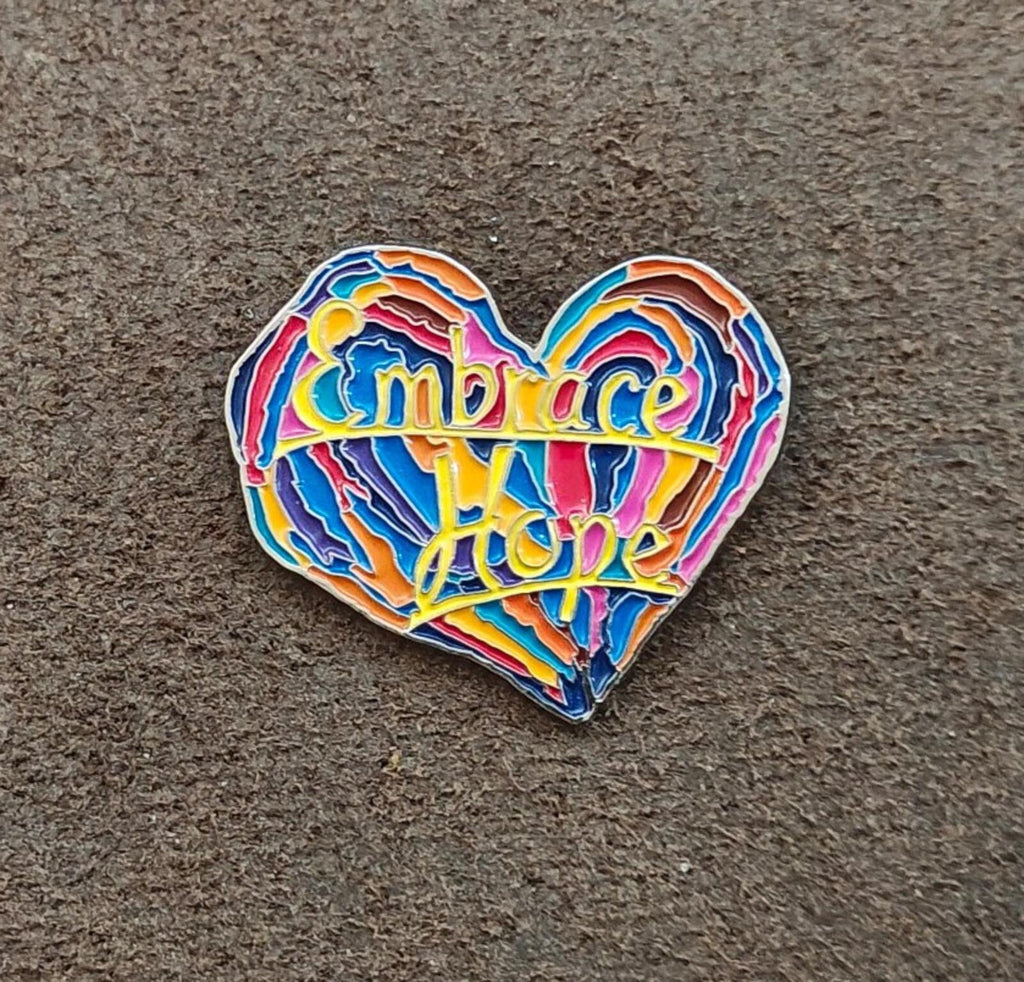 1990s Penzeys Spices Embrace Hope Rainbow Heart Enamel Pin
