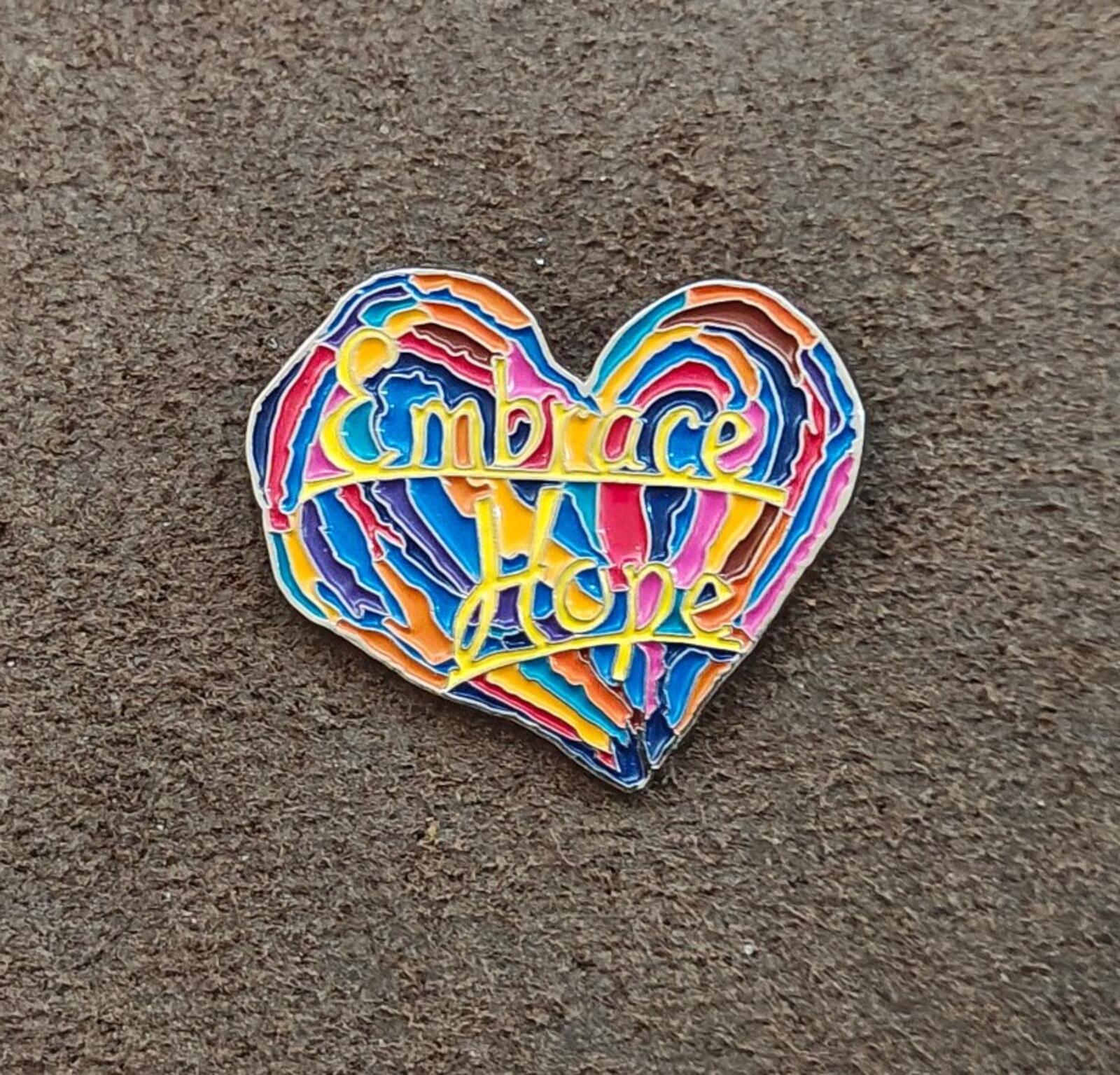1990s Penzeys Spices Embrace Hope Rainbow Heart Enamel Pin