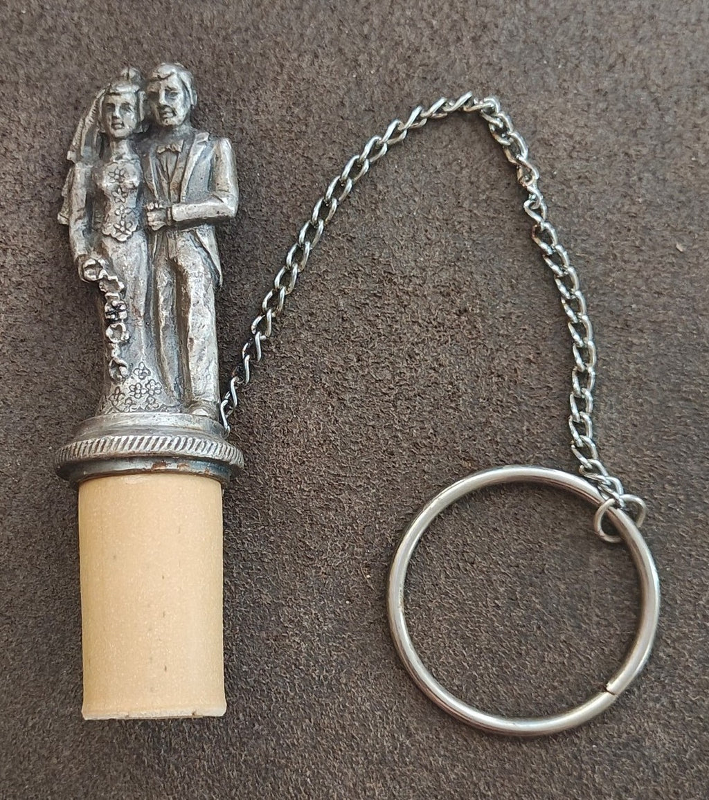 1980s Pewter Bride & Groom Wine Bottle Stopper