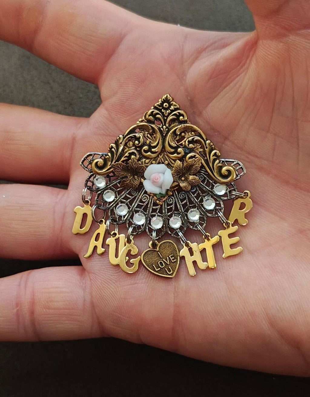 1980s Handcrafted "Daughter" Family Sentiment Gold Tone Dangle Brooch.