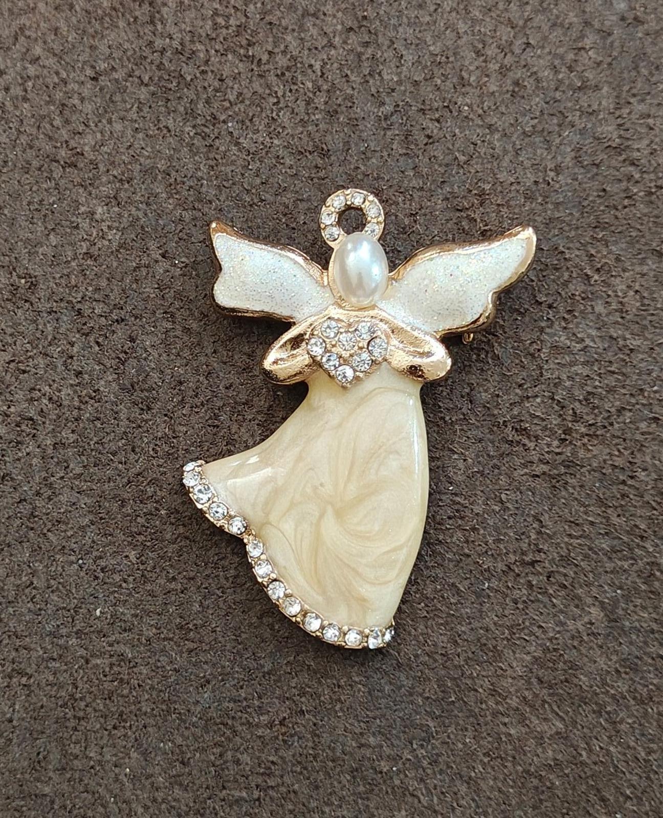 1980s Signed KC (Kenneth Cole) Pearlized Enamel Angel Gold Tone Brooch