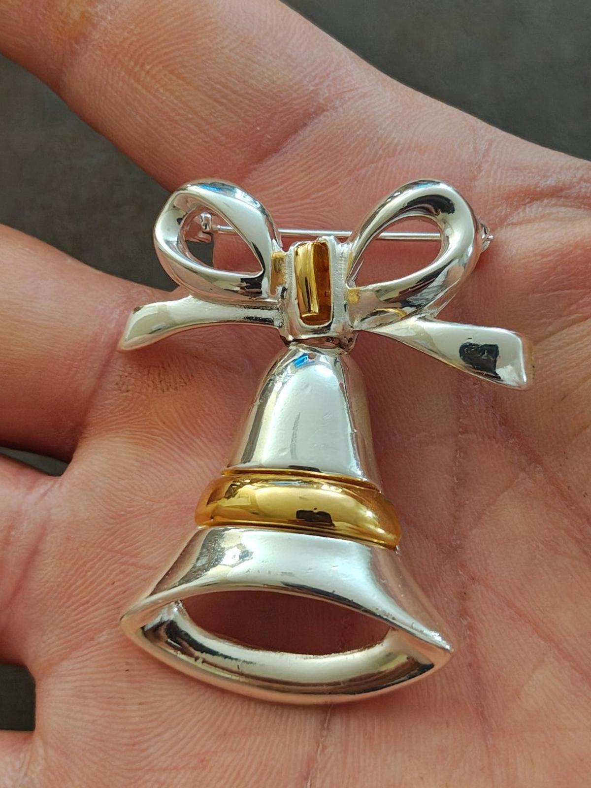 1980s Two Tone Christmas Bell With Bow Brooch