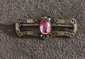 Beautiful Antique 1900s Victorian Filigree Gold Tone With Pink Stone Brooch Pin.