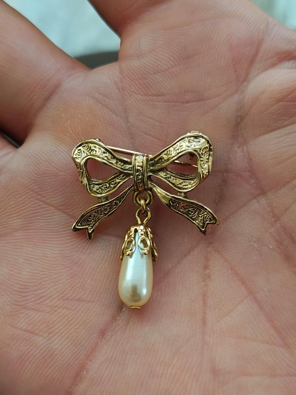 1980s Victorian Revival Embossed Gold Brooch With Dangling Faux Teardrop Pearl
