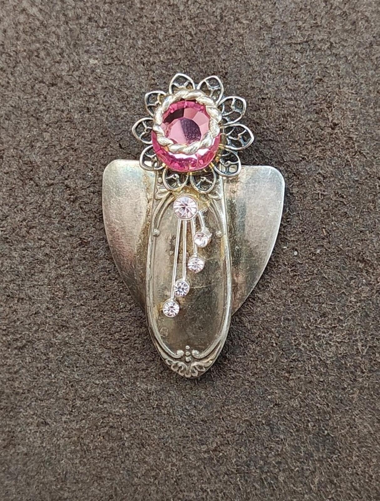 Unique Handcrafted Silver Tone Angel With Rhinestones Brooch