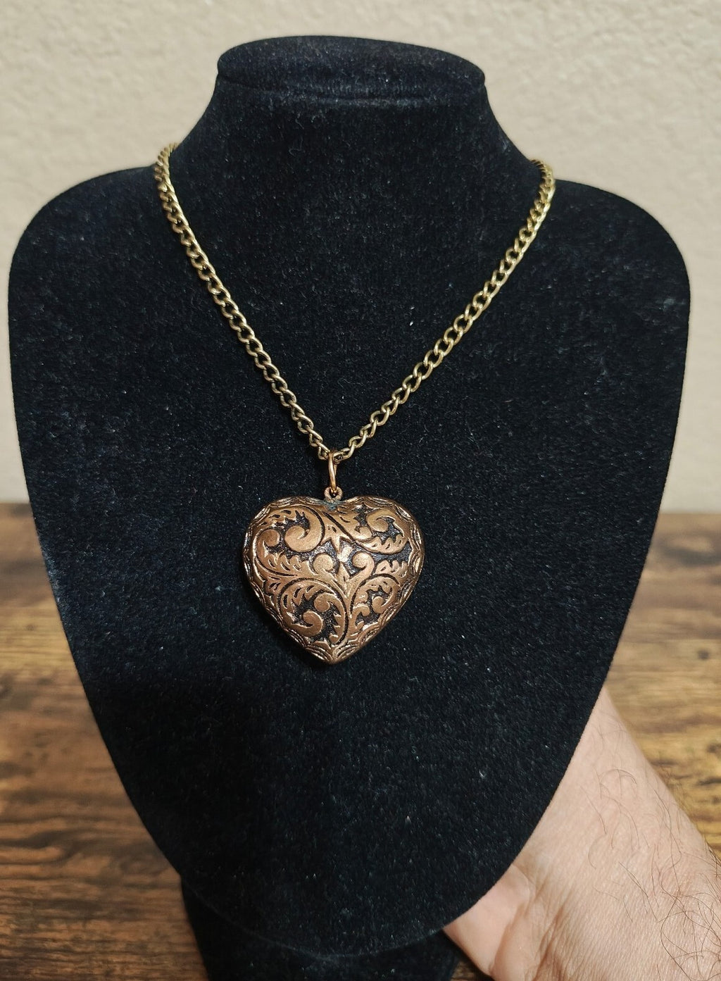 Vintage Style Ornate Puffy Heart Antique Brass Tone Pendant Necklace