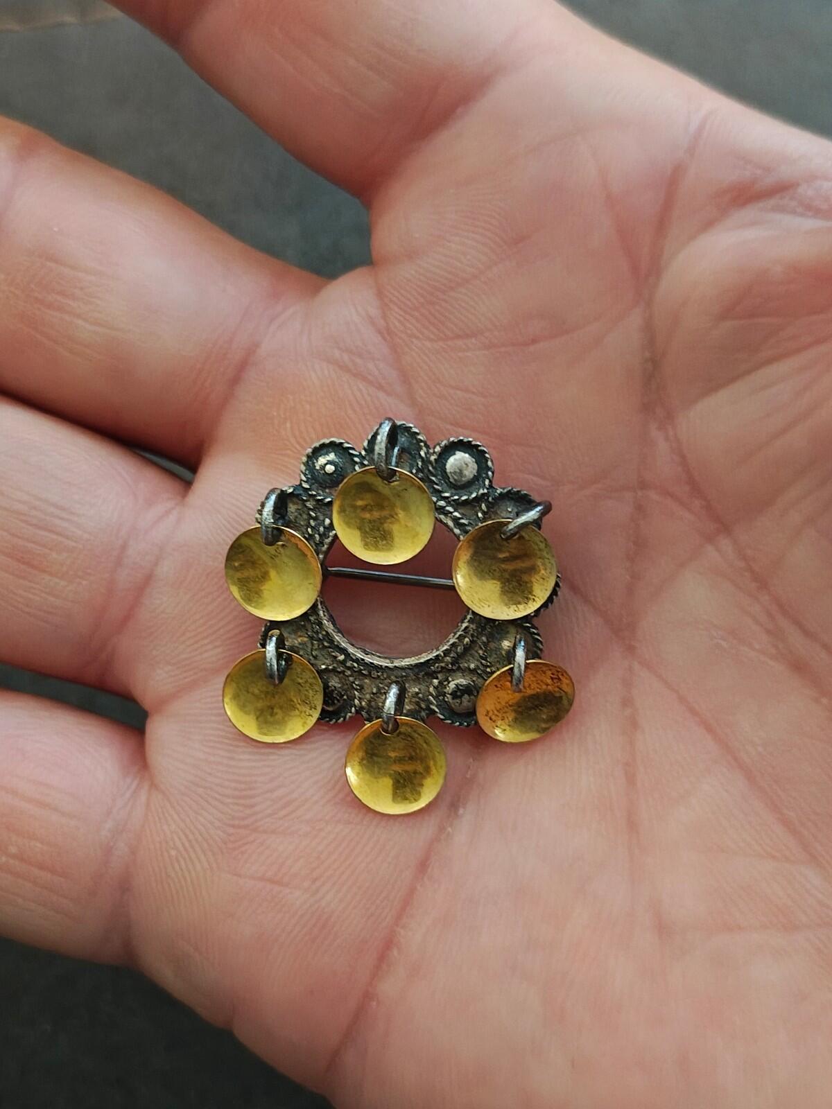 40s Sterling Silver Filigree Norwegian Sølje Brooch With Dangling Gilded Discs