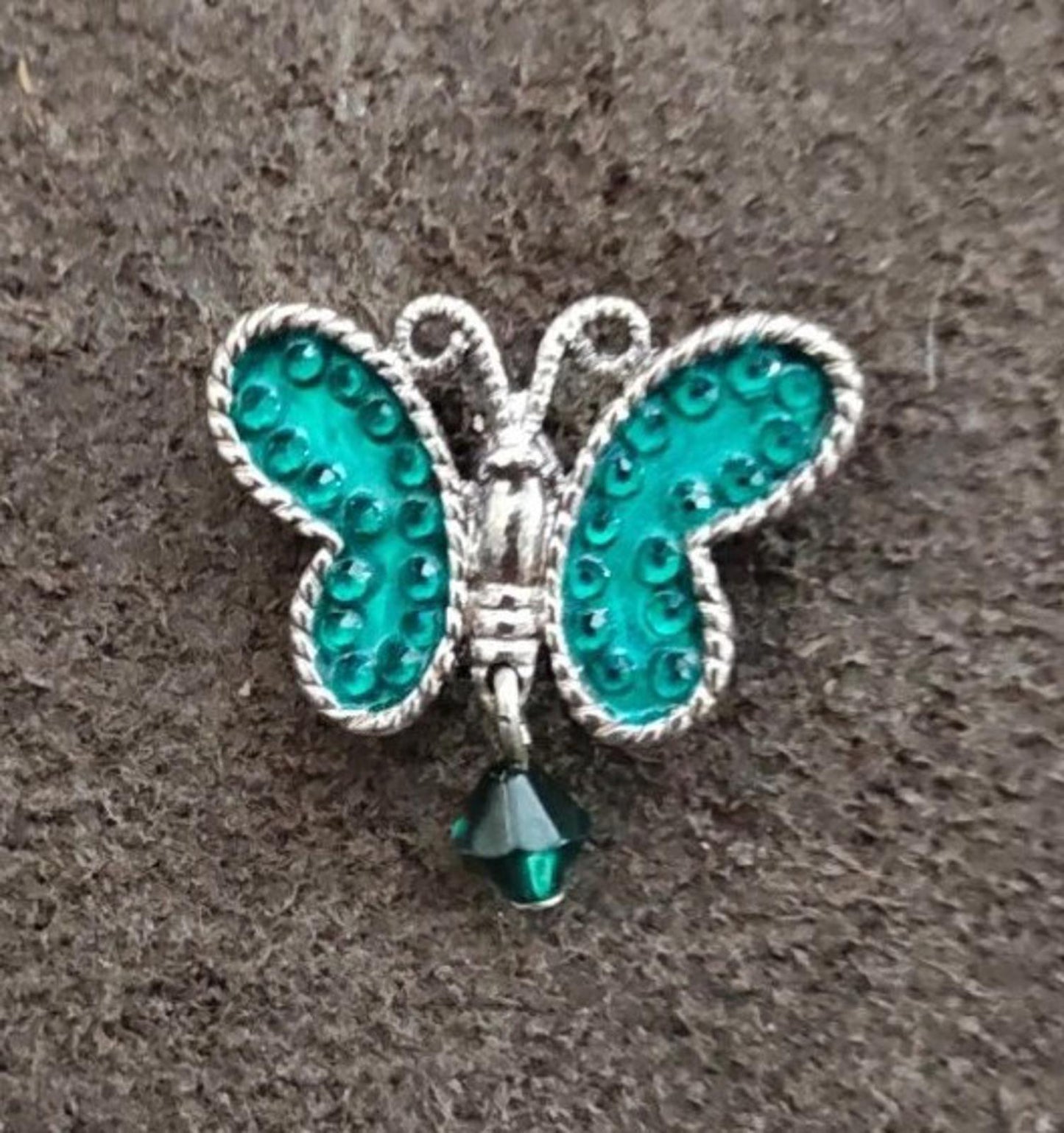 1980s Signed Avon Aqua Color Silver Tone Butterfly Dangle Pin