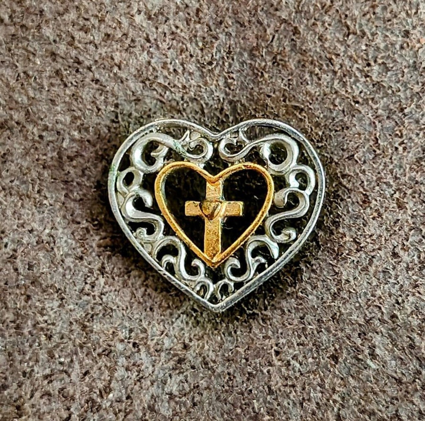 Two Tone Filigree Heart Cross Pin
