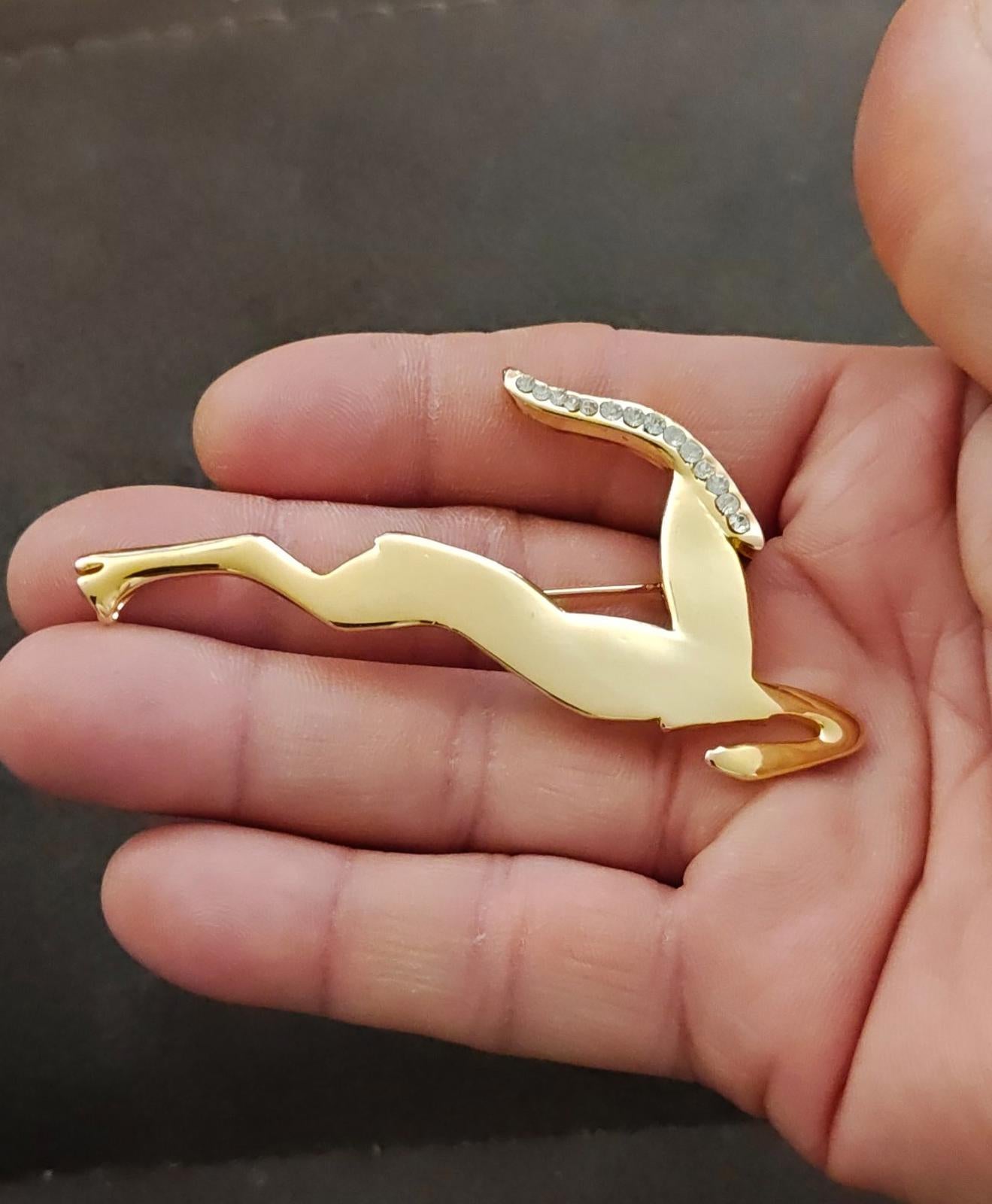 80s Large Gold Tone Leaping Gazelle or Impala With Sparking Rhinestones Brooch