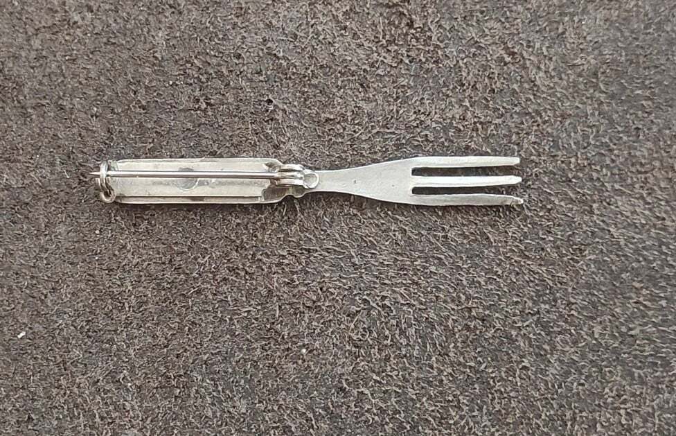 1930s/40s Miniature Silver Tone Fork With Floral Enamel Brooch Pin.