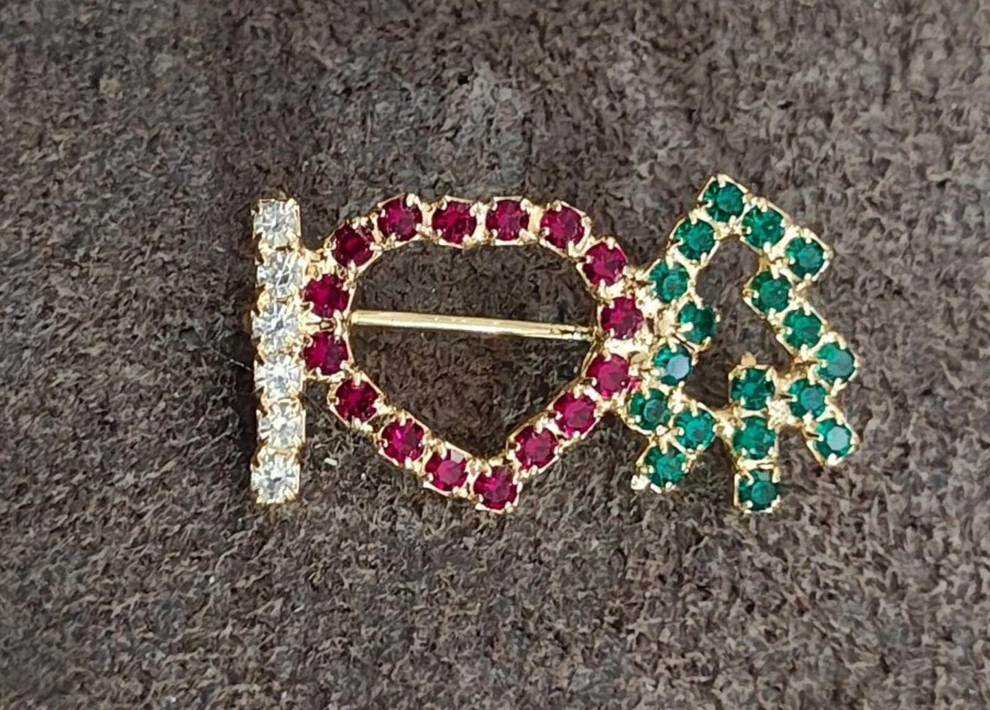 1980s "I Heart Christmas Tree" Gold Tone With Multi Colored Rhinestones Brooch