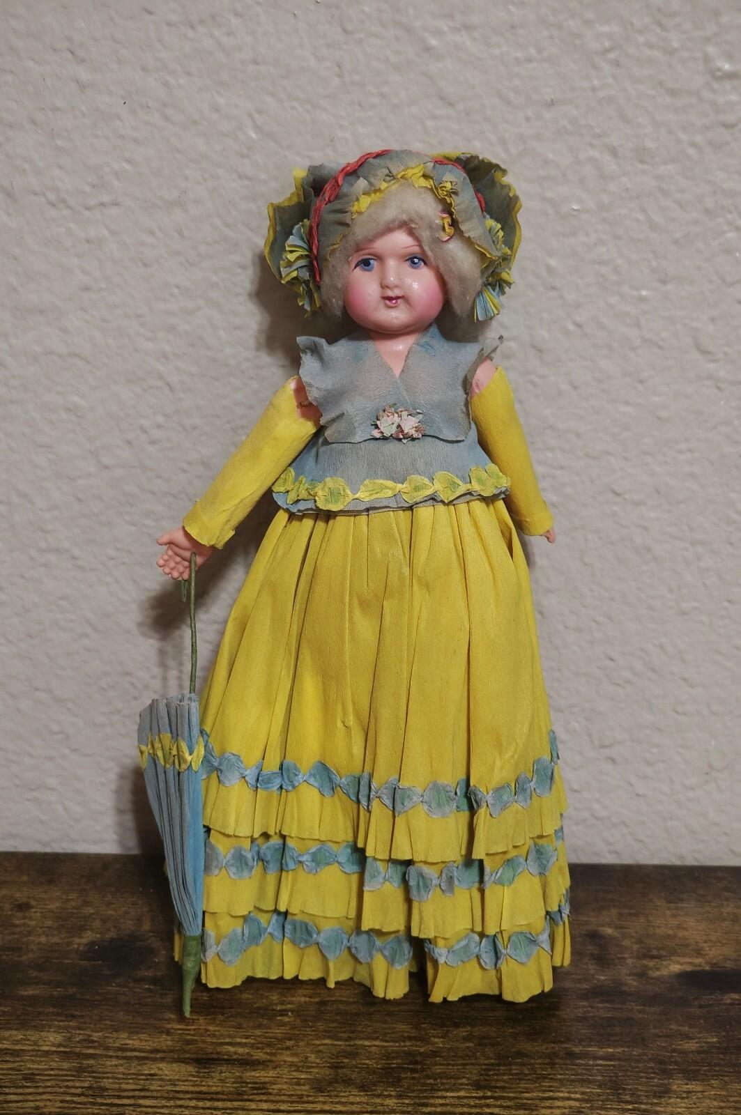 1930s/40s Rare Handcrafted Crepe Paper Doll With Plastic/Celluloid Face & Body