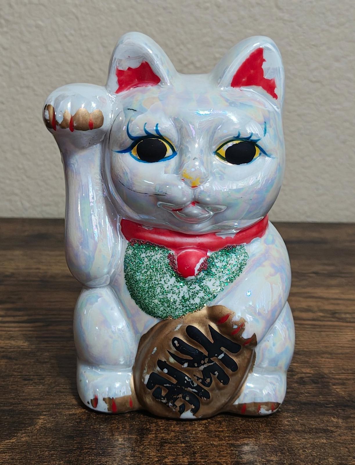 1990's Japanese Iridescent Maneki Neko Lucky Cat Ceramic Coin Bank