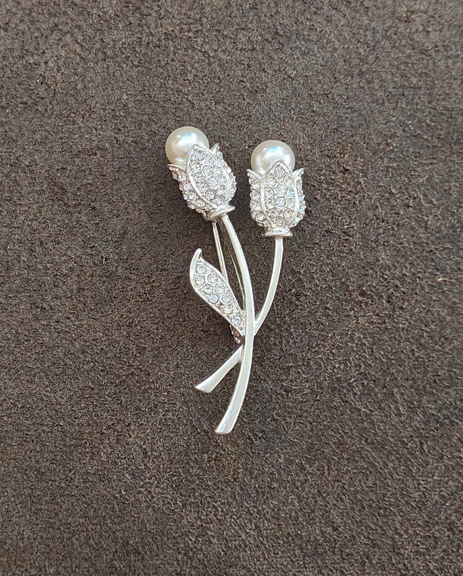 1990s Silver Tone With Sparkling Rhinestones Tulips With Faux Pearls Brooch