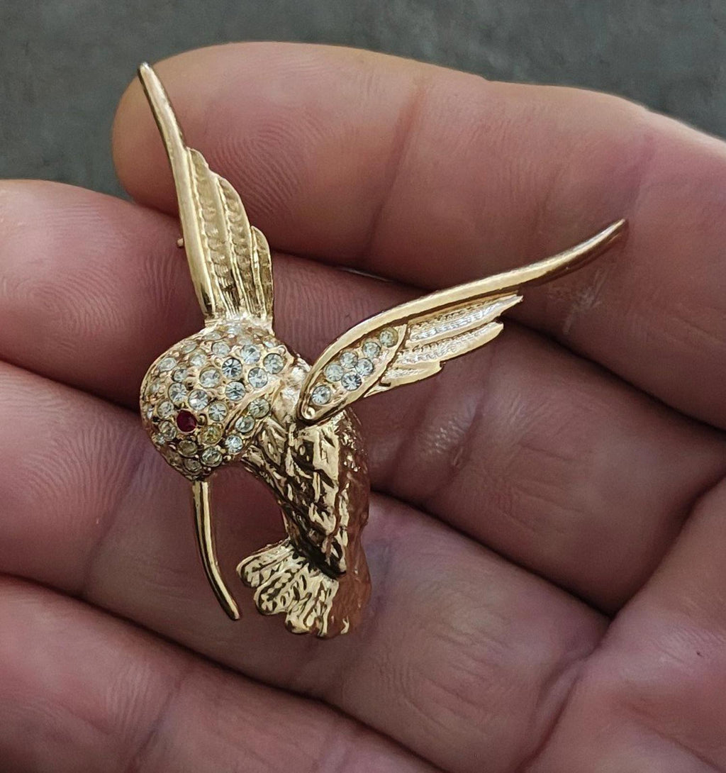 80's Gold Tone Hummingbird With Clear and Red Rhinestones