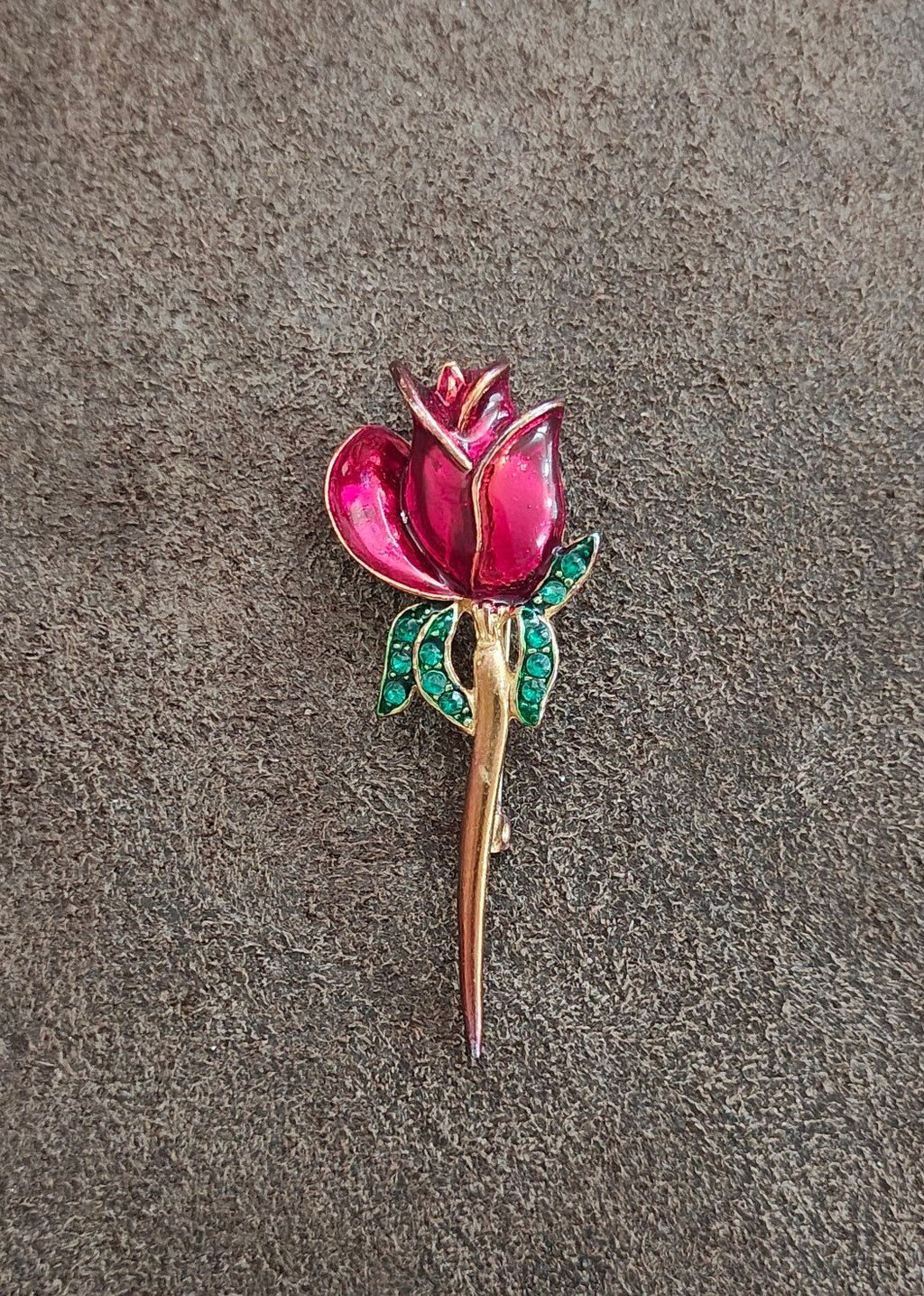 1980s Gold Tone Red Rose Brooch With Green Rhinestones Brooch Pin