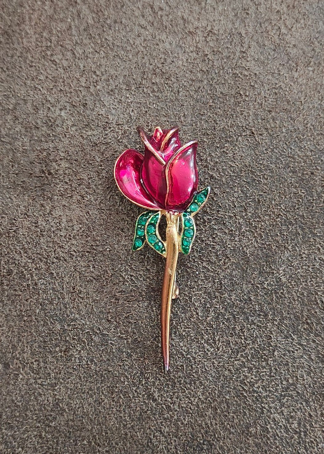 1980s Gold Tone Red Rose Brooch With Green Rhinestones Brooch Pin