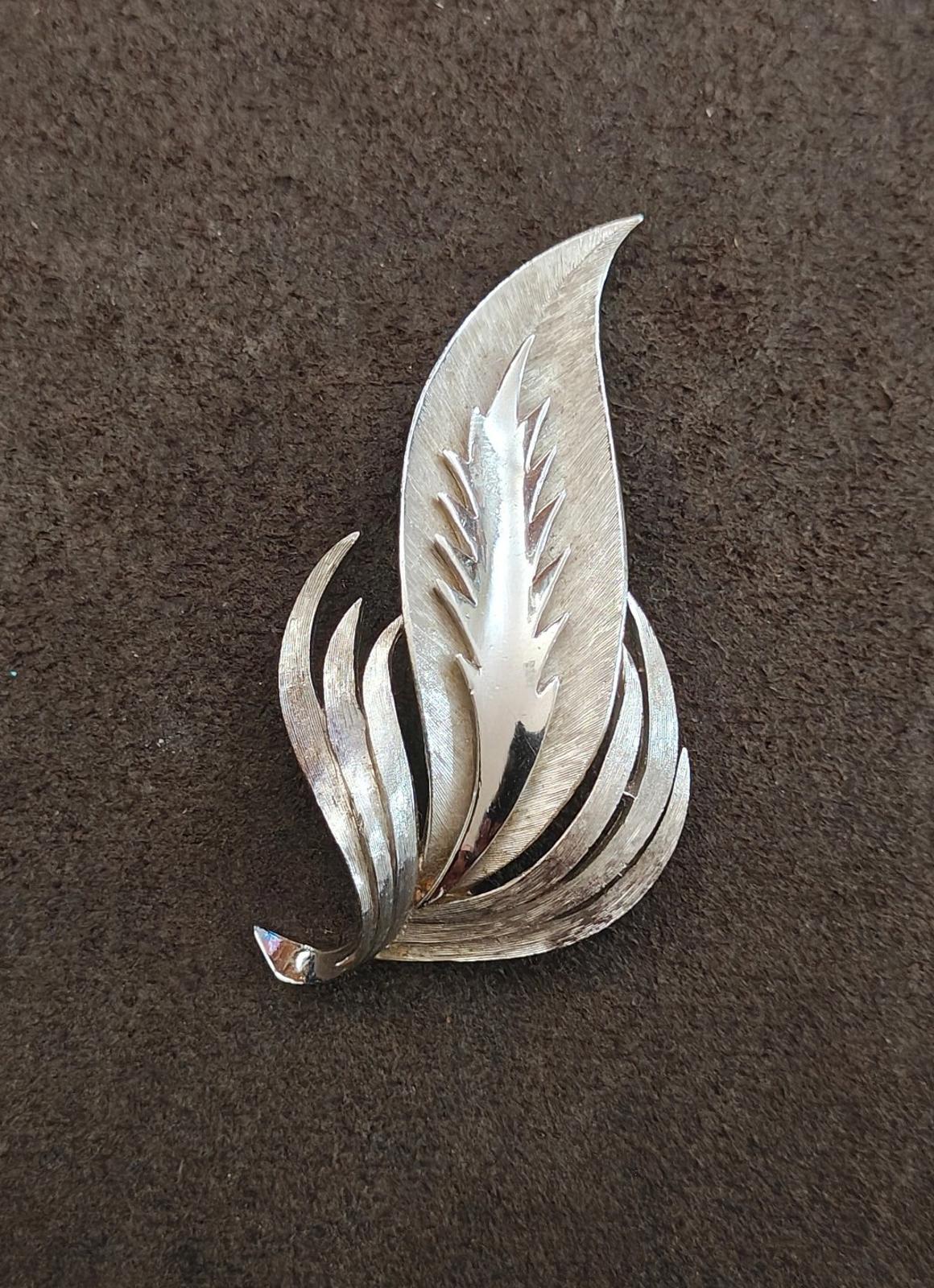 1950s/60s Silver Tone Crown Trifari Stylized Leaf Brooch
