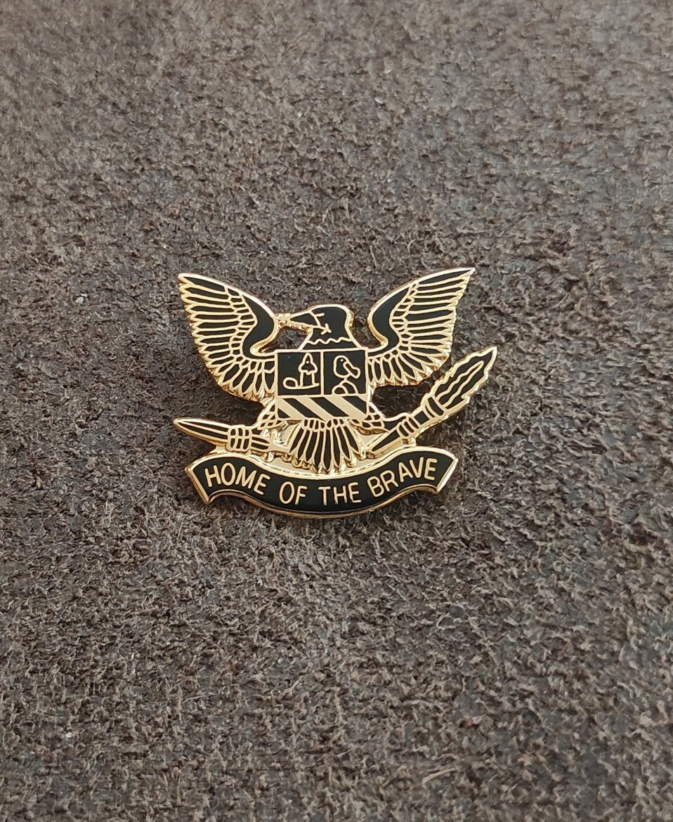 80s Patriotic Bald Eagle Heraldic Shield Home of the Brave Gold Tone Enamel Pin