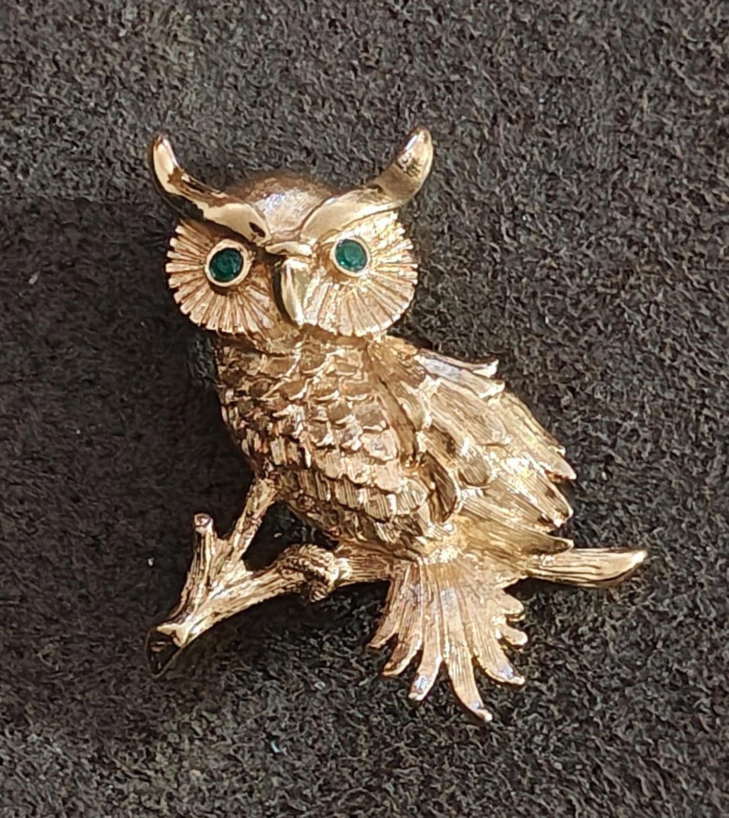 1980s Monet Gold Tone Owl With Emerald Green Rhinestone Eyes Brooch