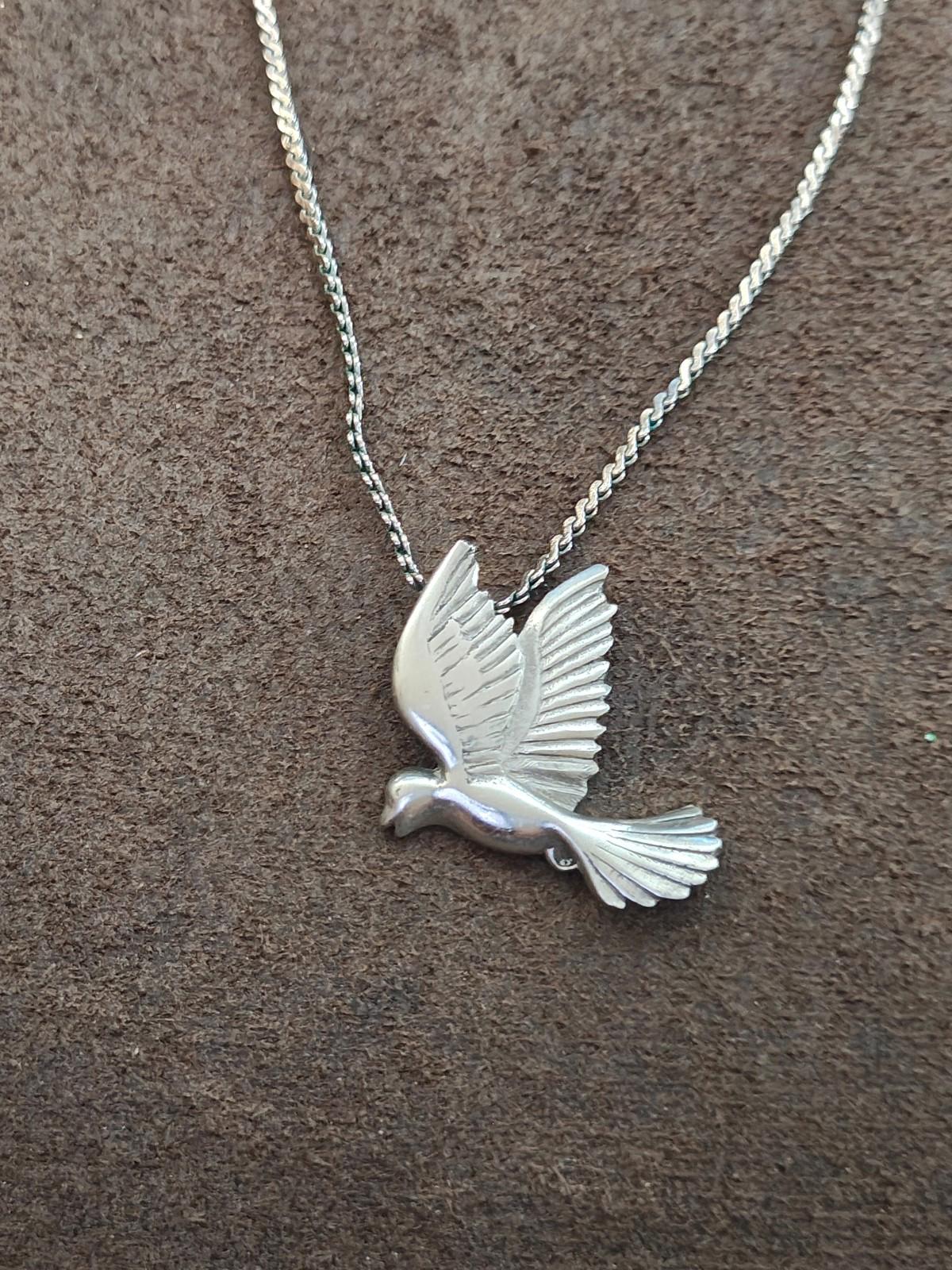 1980s Pewter Dove Pendant With Silver Tone Chain