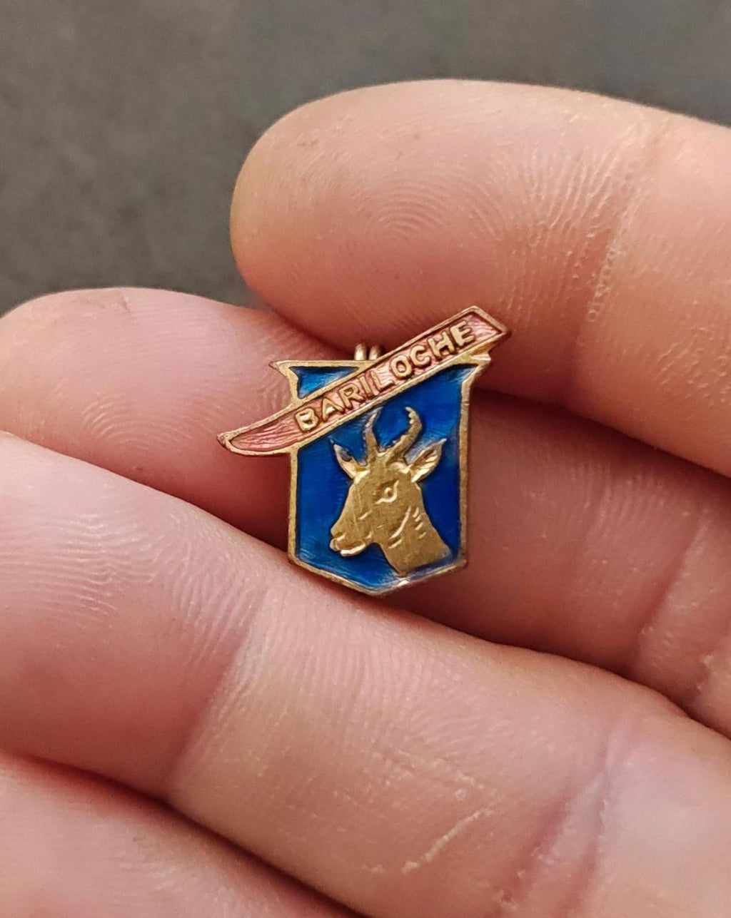 Gold-tone enamel souvenir pin close-up: blue shield deer silhouette and Bariloche banner
