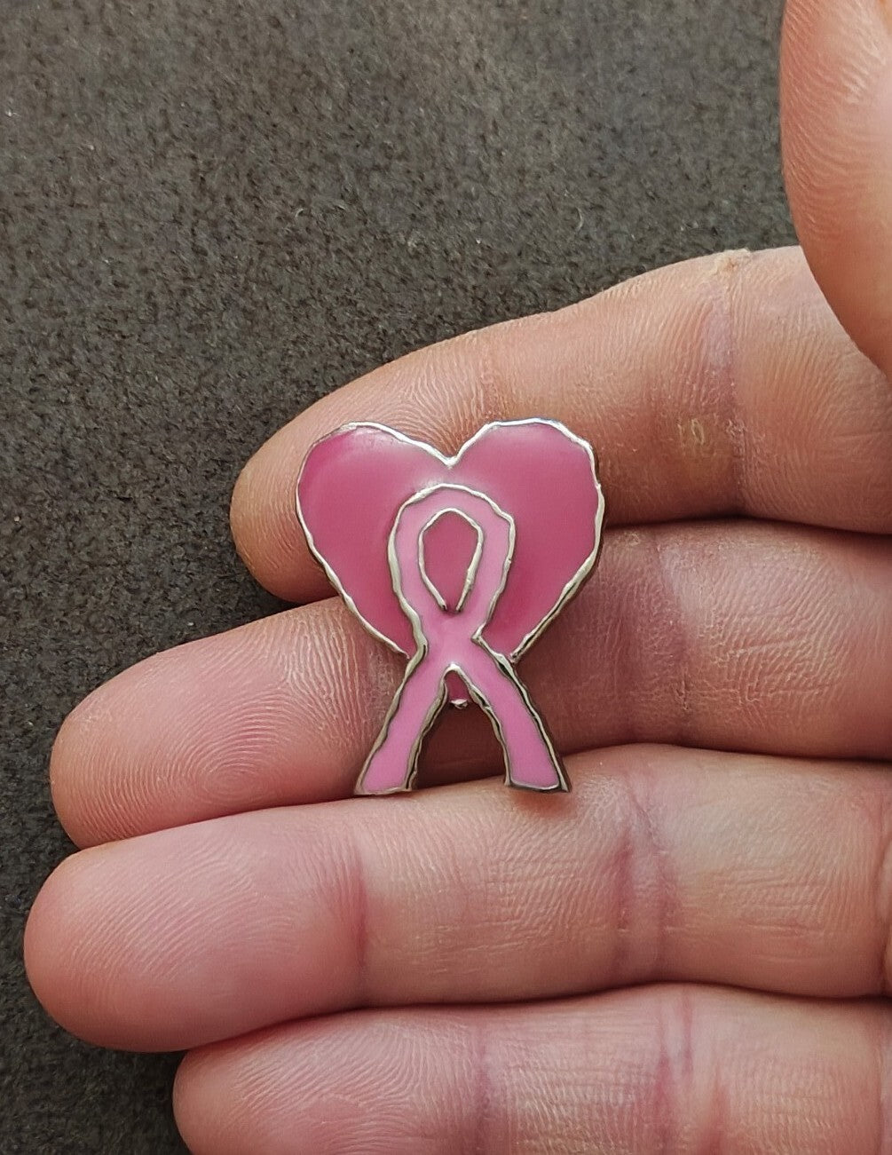 Pink Breast Cancer Awareness Ribbon Heart Silver Tone Enamel Pin