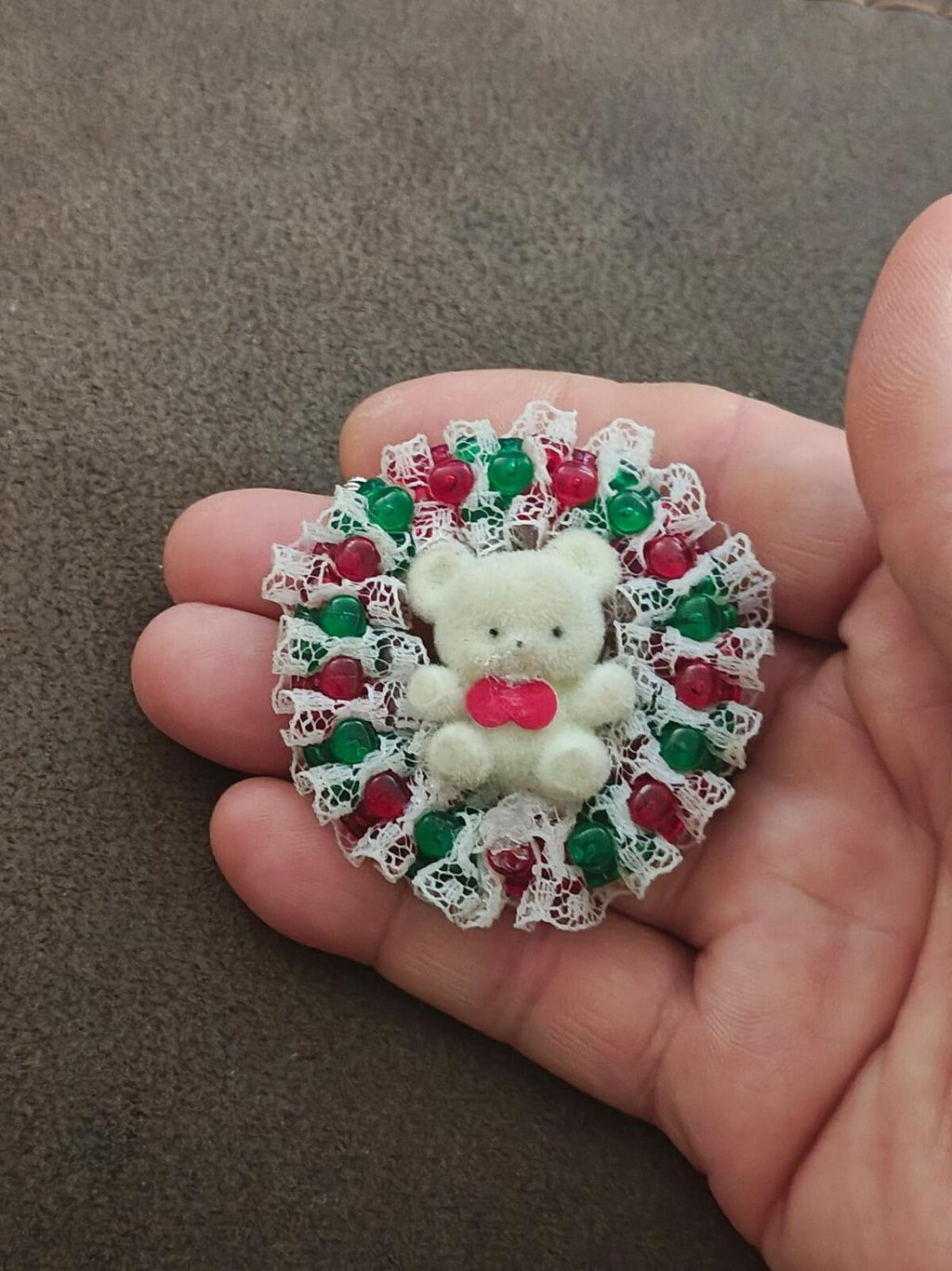 1980s Handmade Christmas Teddy Bear Holiday Wreath Brooch