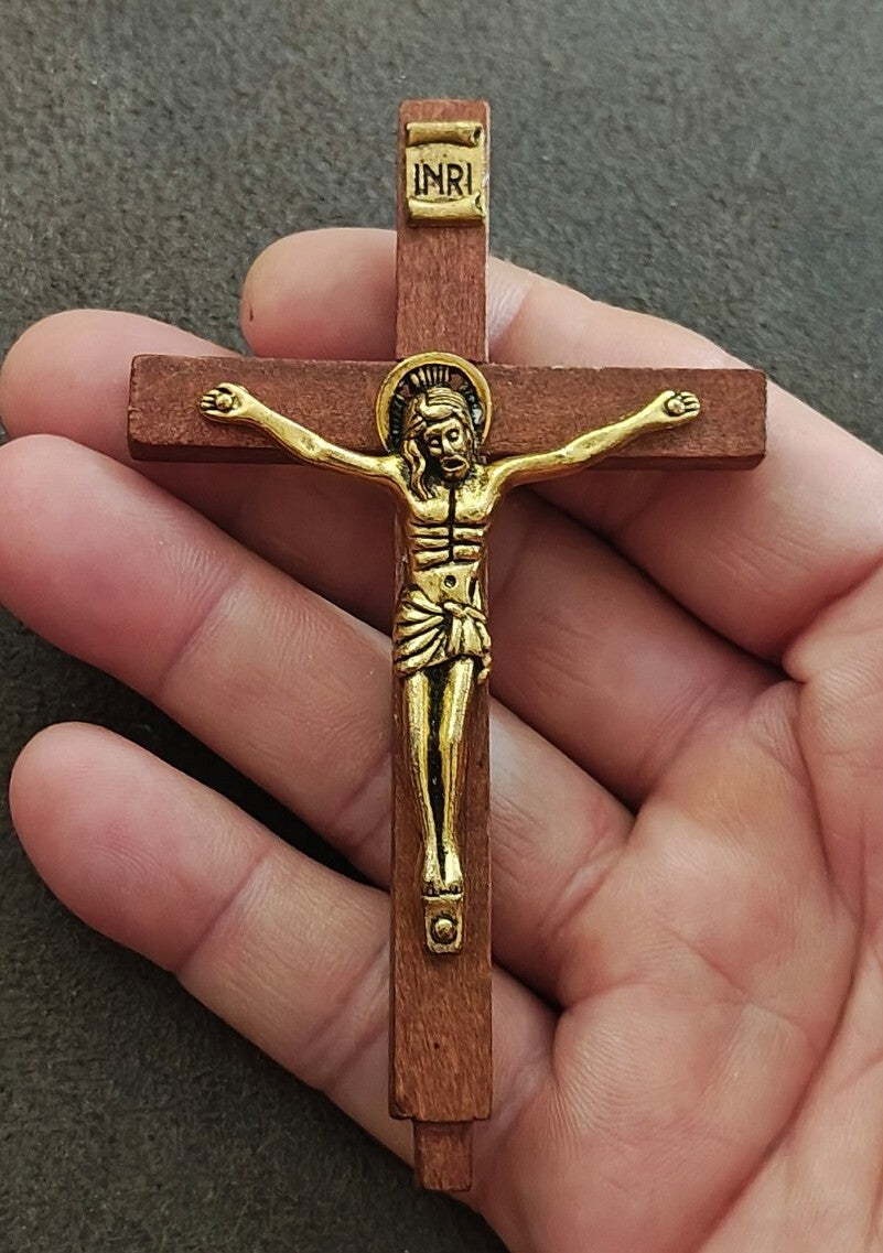 1970s Gold Tone Sacred Heart South Missions Wooden Altar Crucifix