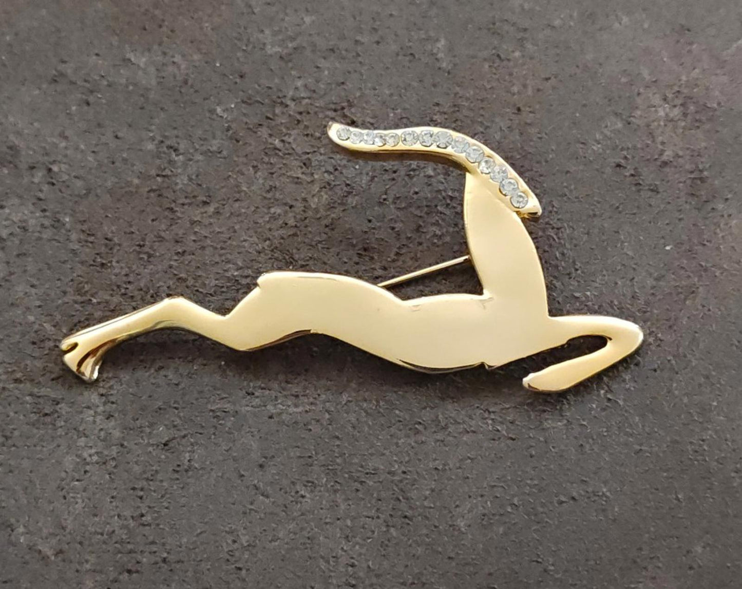 80s Large Gold Tone Leaping Gazelle or Impala With Sparking Rhinestones Brooch