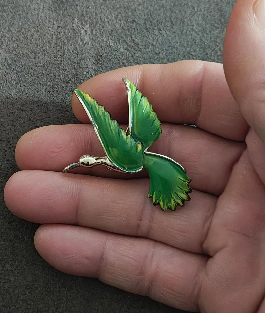 1980's Vintage Signed Gerry's Gold Tone Green Enamel Bird Brooch Pin
