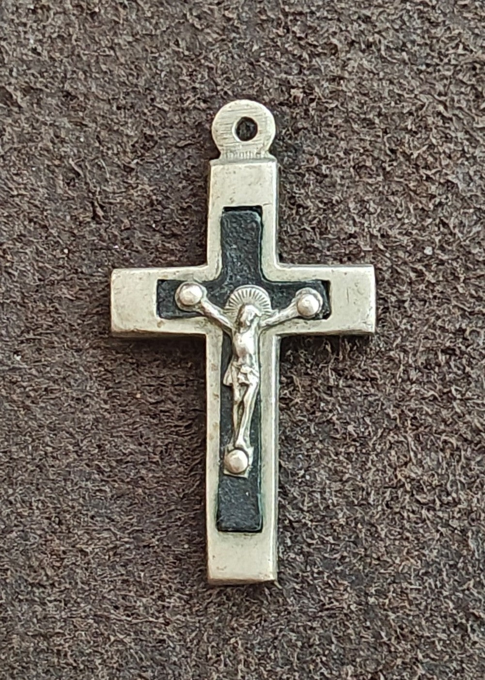 1930s Art Deco French Catholic Pectoral Crucifix With Ebony Wood Inlay Pendant