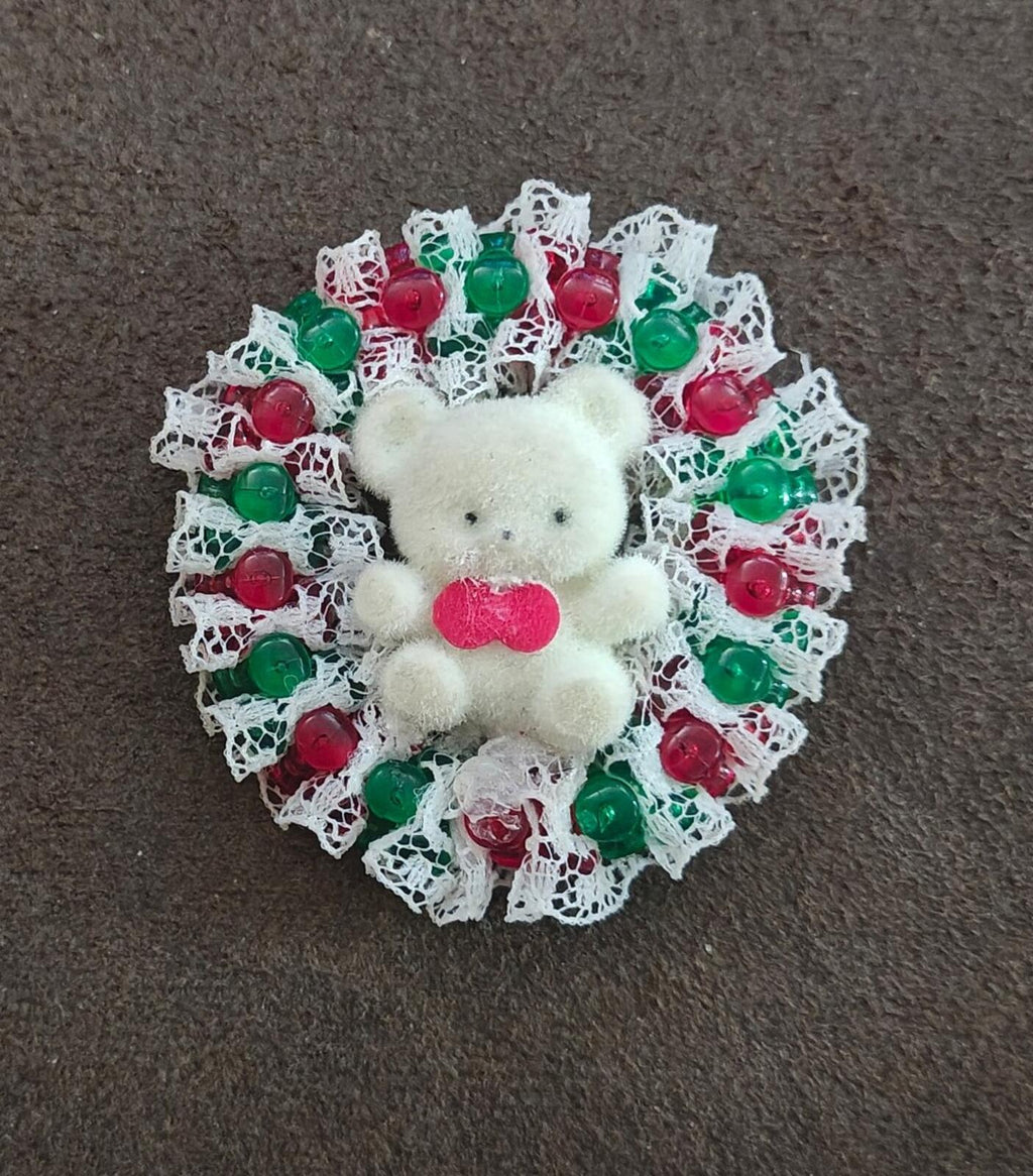 1980s Handmade Christmas Teddy Bear Holiday Wreath Brooch