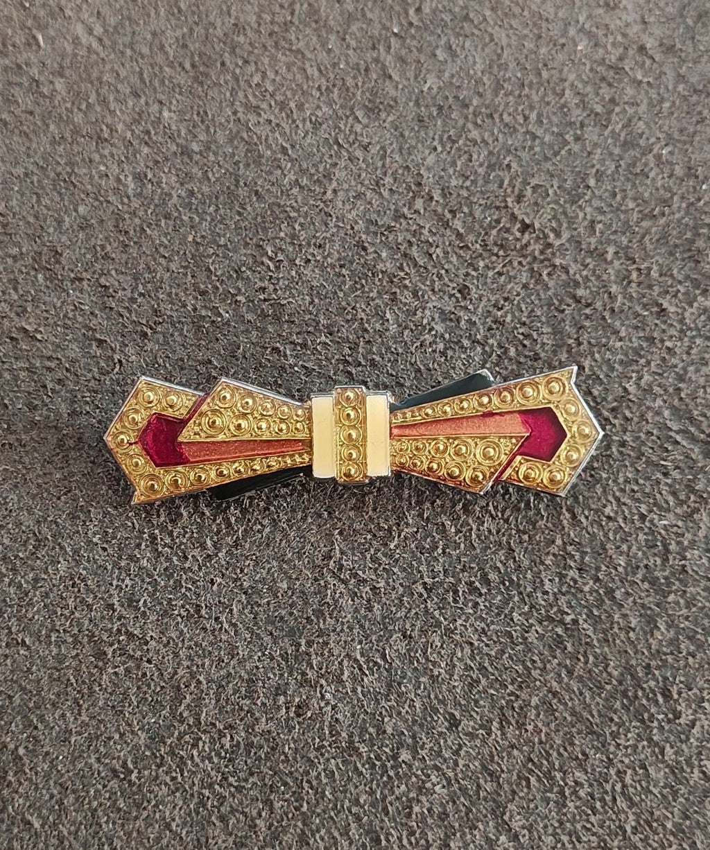 1970s/80s Art Deco Revival Pierre Bex French Enamel Silver Tone Bow Brooch.