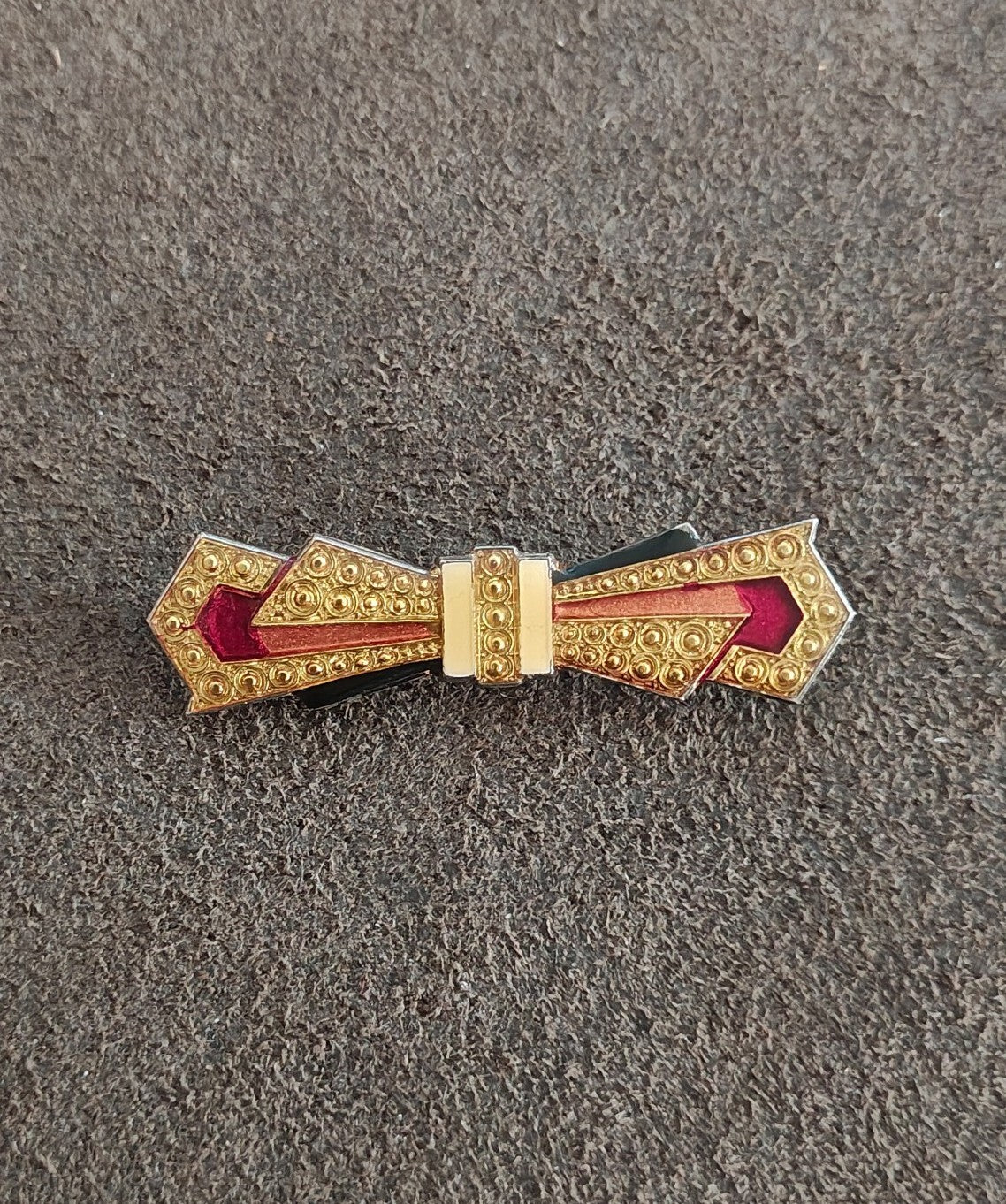 1970s/80s Art Deco Revival Pierre Bex French Enamel Silver Tone Bow Brooch.