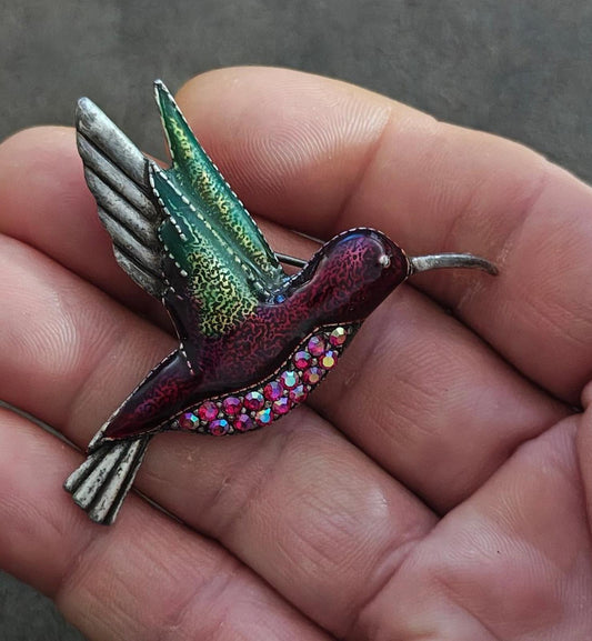 1980's Vintage Silver Tone With Rhinestones Enamel Hummingbird Brooch Pin