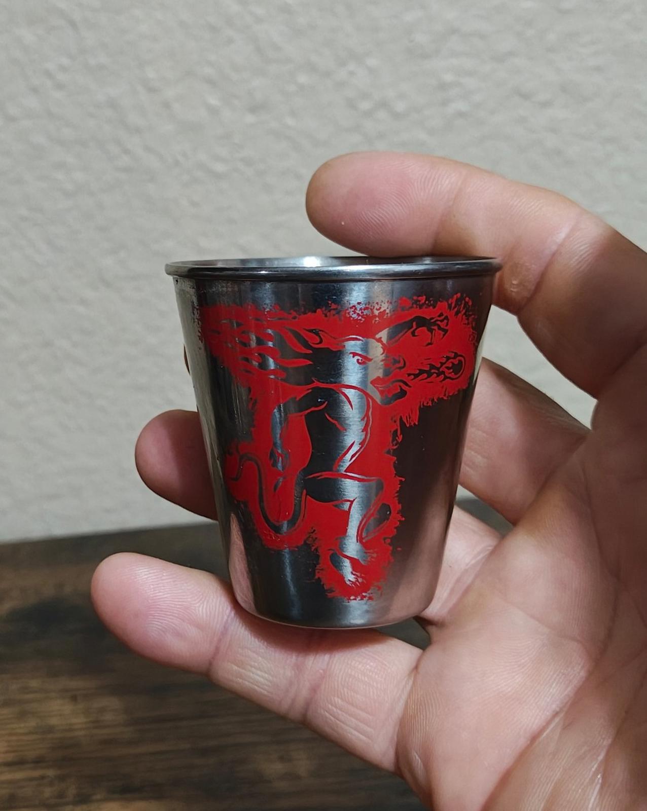 1980s Set Of 2 Fireball Cinnamon Whisky Stainless Steel Dragon Shot Glasses