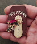Hand Crafted Painted Rustic Wooden Christmas Snowman Brooch