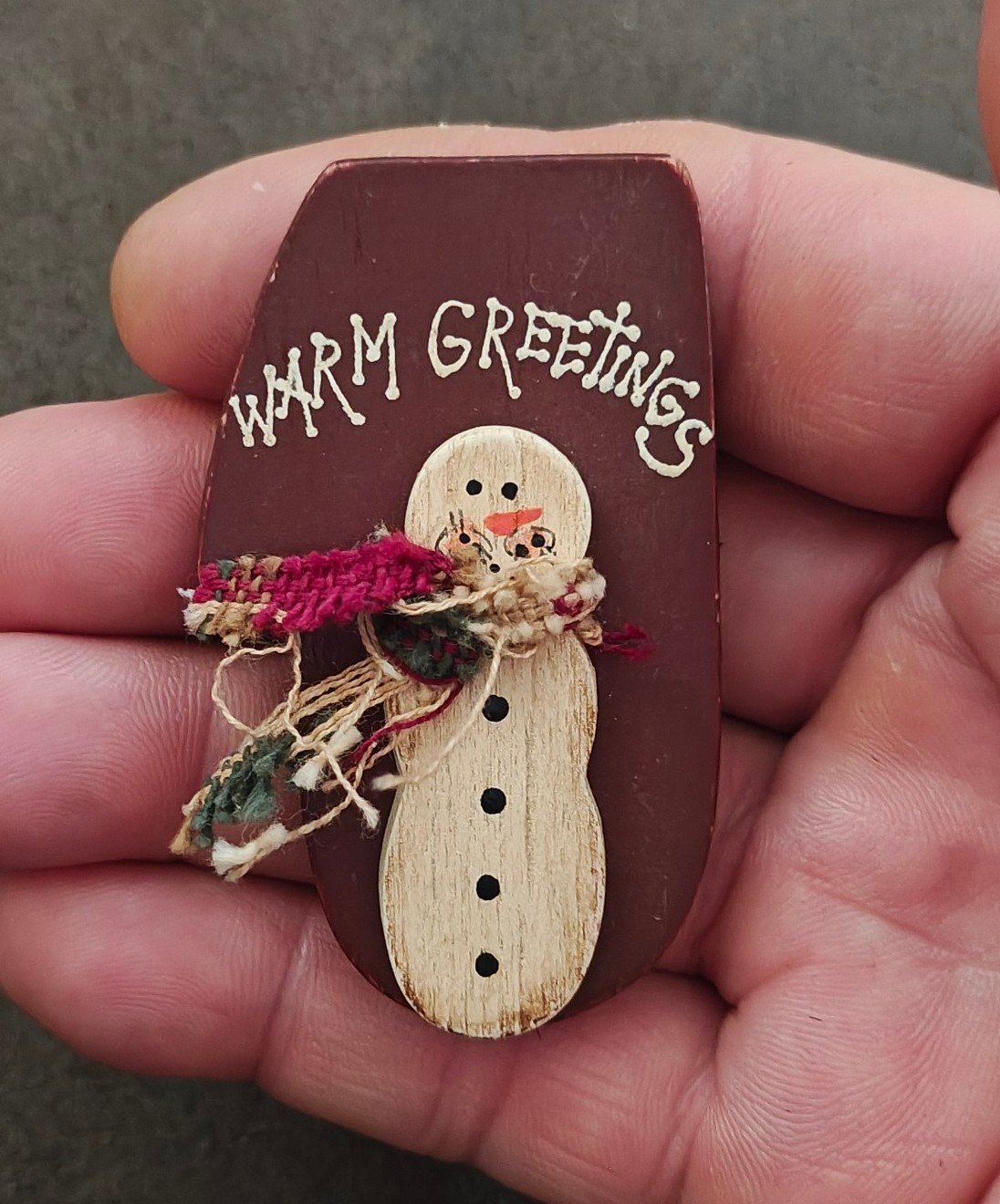 Hand Crafted Painted Rustic Wooden Christmas Snowman Brooch