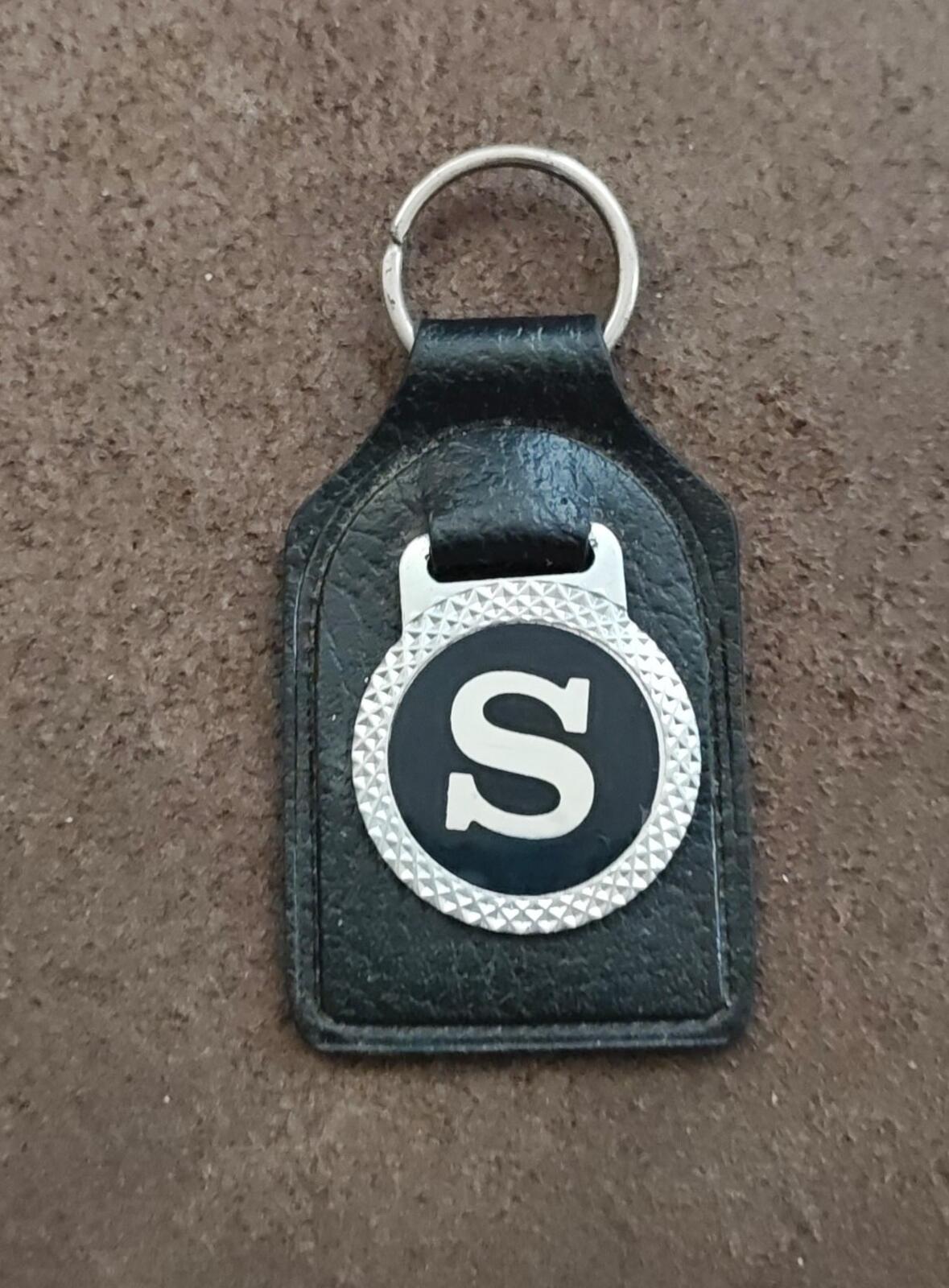 1970s Black Leather Stylized Initial Letter "S" Emblem Keychain/Key Fob
