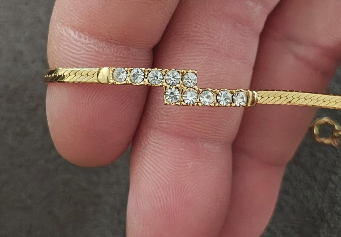 1970 Gold Tone Crossover Bypass Bar Bracelet With Crystal Rhinestone Accents