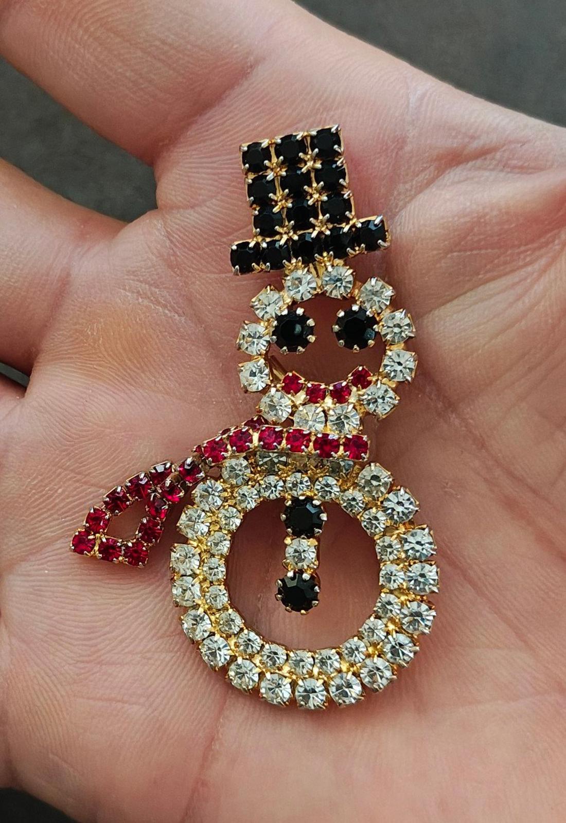1990s Gold Tone With Red, Black and Clear Rhinestones Snowman Brooch