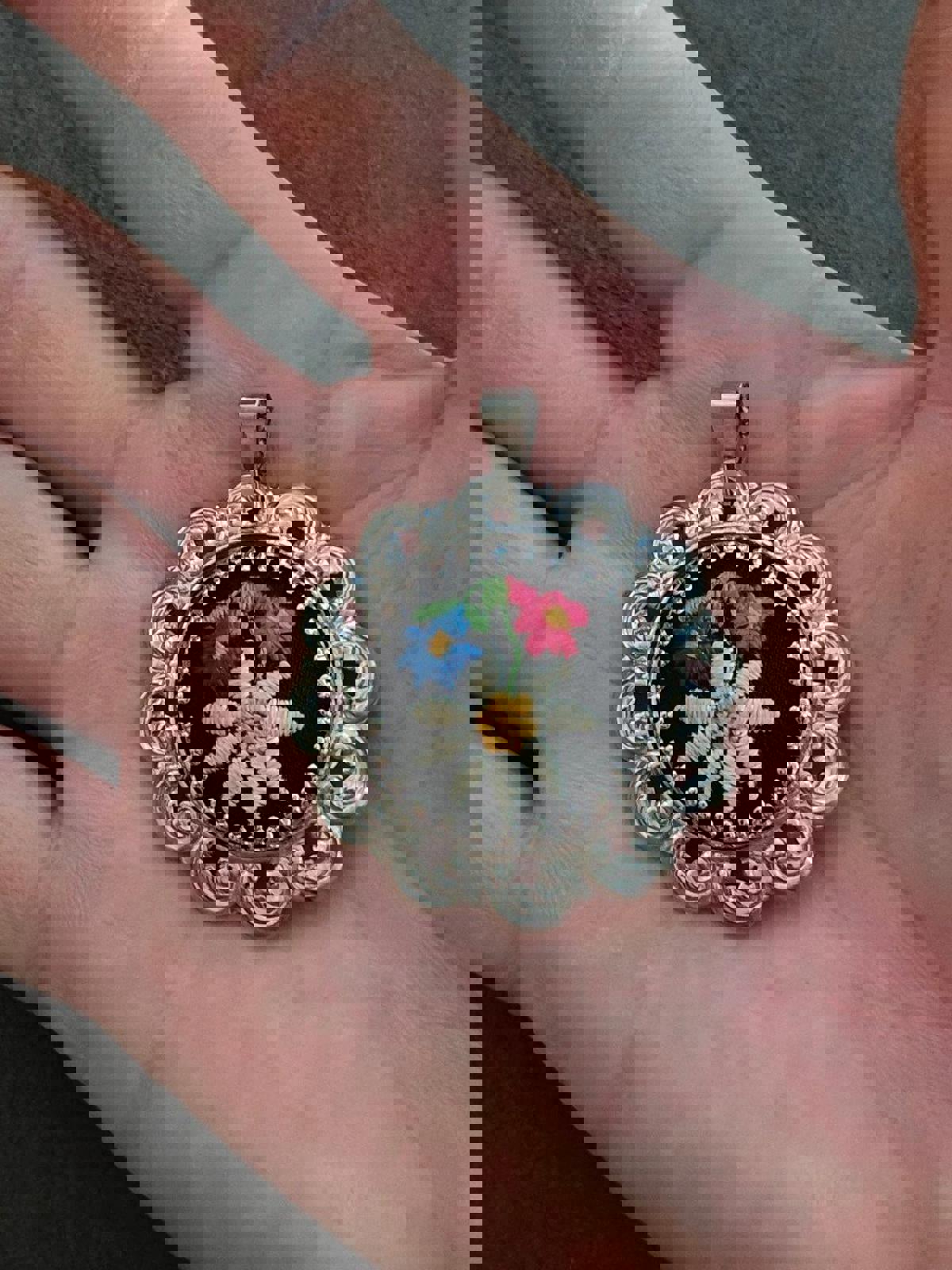 1970's Cross Stitched Flower Silver Tone Filigree Pendant